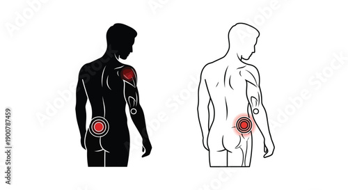 Human body illustration showing pain points on shoulder and hip