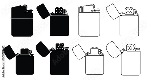 Four variations of a lighter shown open and closed in black and white