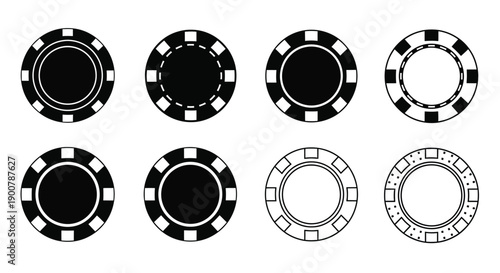 Black and white illustration of casino chips in various designs