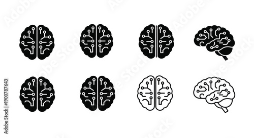 Stylized brain icons and illustrations in black and white