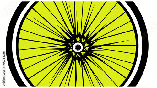Abstract Neon Bicycle Wheel Illustration. Dynamic Lime Green Hub with Chaotic Radial Black Spokes and High-Contrast Pop Art Style.