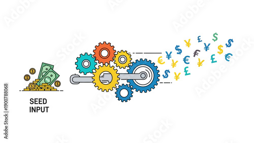 Money Growth Engine: Seed Input drives mechanism of gears, converting capital into international currency symbols. Investment ROI concept flat vector illustration.