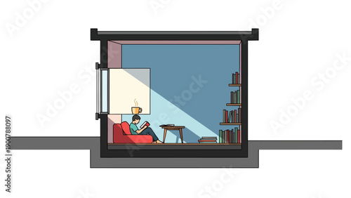 Cozy Reading Nook Cross-Section Illustration: Man Relaxing on Sofa with Book and Coffee, Interior Design Concept Vector