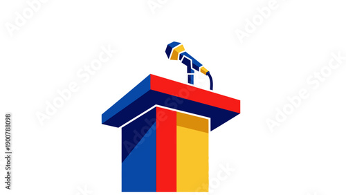 Modern geometric podium with microphone vector icon. Public speaking, debate, and news concept illustration.