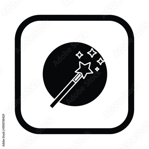 Black magic wand with star and sparkles on in square frame