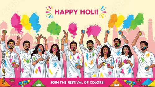 Diverse group celebrating holi festival with colorful powders joyful expressions and vibrant clothing
