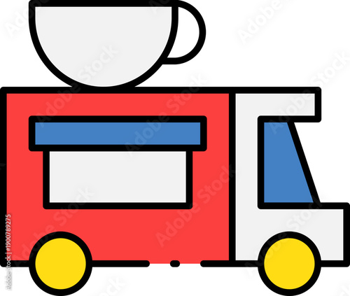 Colorful food truck icon with coffee cup, serving coffee, viewed from the side