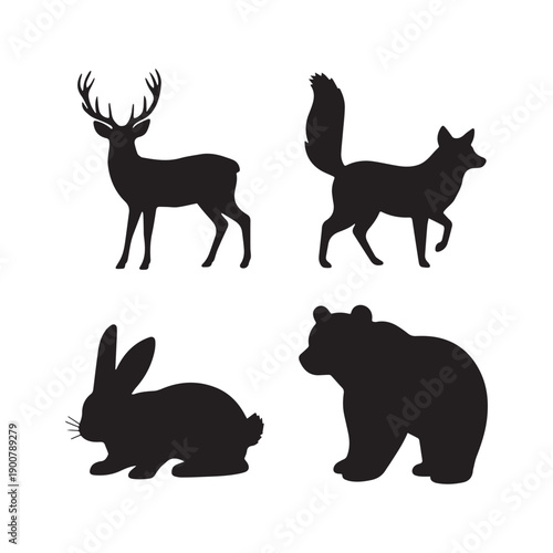 Black Silhouette Vector Collection of Forest Animals Deer Fox Rabbit and Bear.