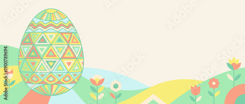 Pastel geometric Easter egg on spring landscape background. Flat vector illustration banner with copy space. Minimalist holiday design