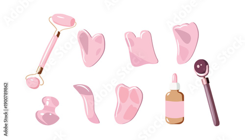 A collection of various pink facial massage tools and skincare products