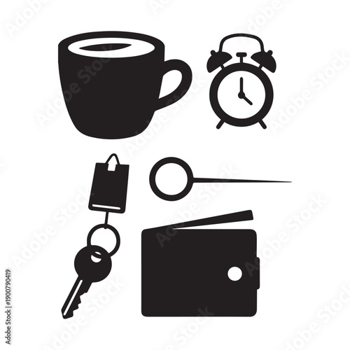 Essential Daily Lifestyle Objects Silhouette Vector Set Featuring Coffee Clock Wallet And Keys.