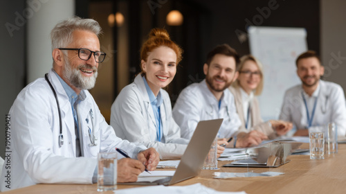 Smiling and diverse group of healthcare professionals in a productive clinical office gathering, collaborating on patient care and medical innovations