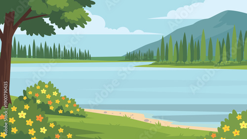 Quiet Garden Scene Beside Small Lake