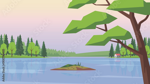 Pine Tree Over Tranquil Water