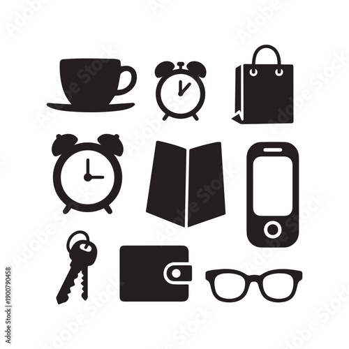 Essential Daily Lifestyle Objects Silhouette Vector Set Featuring Coffee Clock Wallet And Keys.