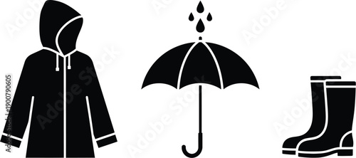 Hooded jacket or raincoat, umbrella shields from falling rain, rain boots or wellington boots  protection accessories during rainy weather. 