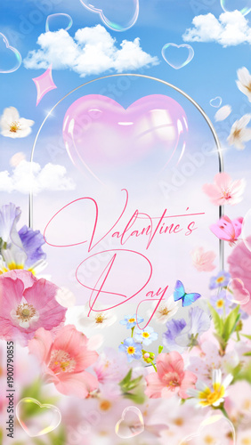 Valentine’s Day romantic floral background with pastel flowers, heart bubble, blue sky, and dreamy spring atmosphere
