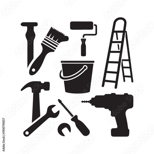 Essential Home Improvement Construction Hand Tools Silhouette Set Hammer Drill And Painting Equipment.