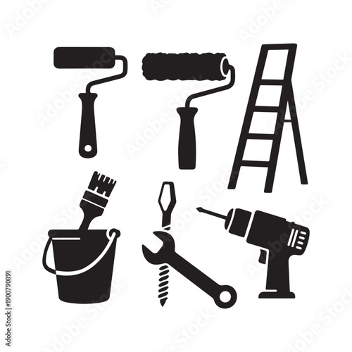  Essential Home Improvement Construction Hand Tools Silhouette Set Hammer Drill And Painting Equipment.