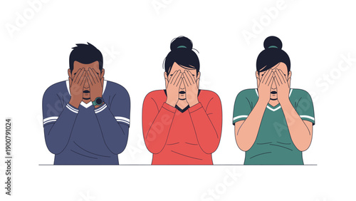 Group covering faces in shame, disappointment, and shock. Diverse men and women expressing stress, failure, or deep embarrassment.