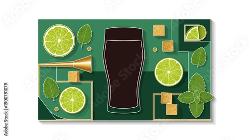 Cocktail Ingredients Composition Vector Art. Dark Drink, Lime, Mint Leaves, and Sugar Cubes in Modern Flat Papercut Style.