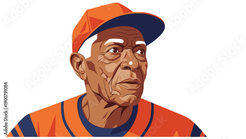 Detailed vector illustration of a wise elderly Black man in a baseball cap and jersey. Sports veteran portrait.