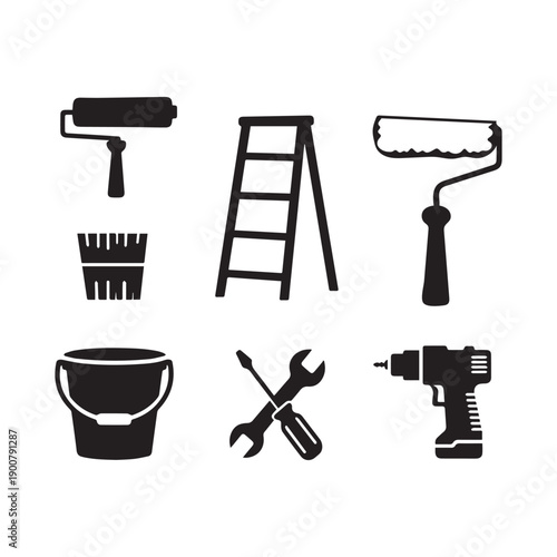  Essential Home Improvement Construction Hand Tools Silhouette Set Hammer Drill And Painting Equipment.