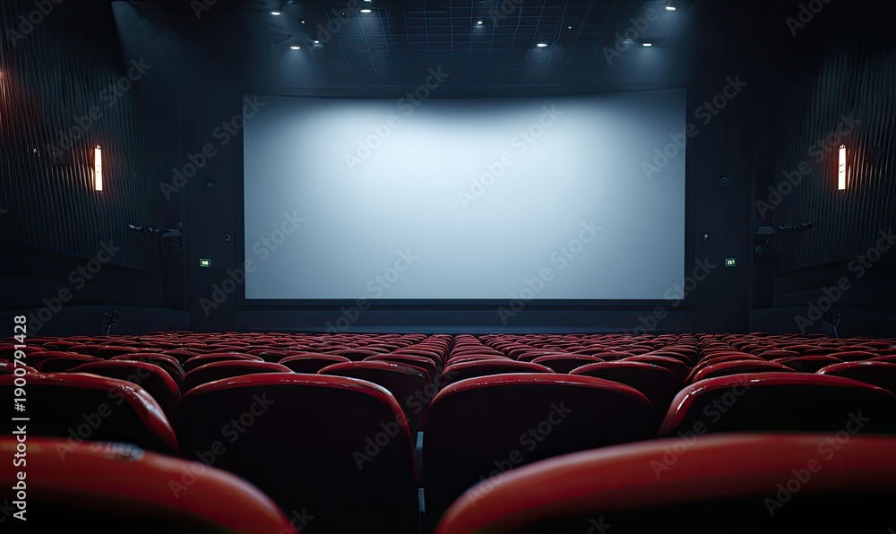 Fototapeta premium Empty theater with red seats faces a blank white screen under dim lights