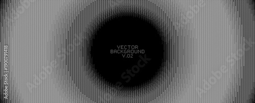 Halftone bitmap wave circle illusion. Blue pixel gradient on black. Vintage vector wallpaper