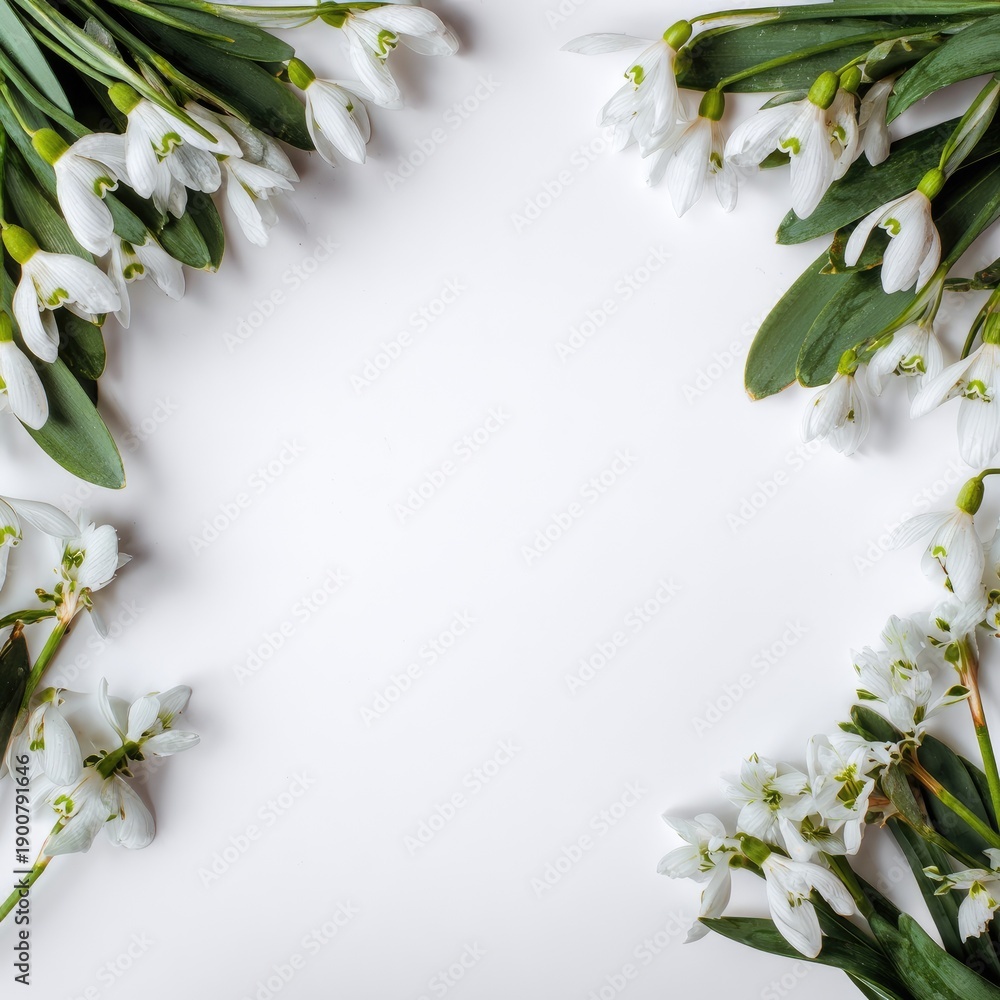 Fototapeta premium Delicate white snowdrop flowers and green leaves frame a blank white space
