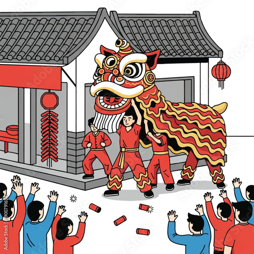 Illustration of a Chinese lion dance performance with people in traditional red costumes and onlookers throwing red envelopes outside a traditional building with a gray tiled roof and red