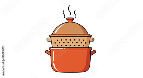 A steaming double boiler setup with a pot and a steamer basket on a clean white background from a straightforward front viewpoint