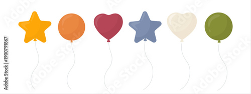 Set of six balloons: star, heart and round shapes in yellow, orange, red, blue, ivory, green. Pastel flat vector playful style. Balloon clipart set. For birthdays, cards, invites, web banners, flyers.