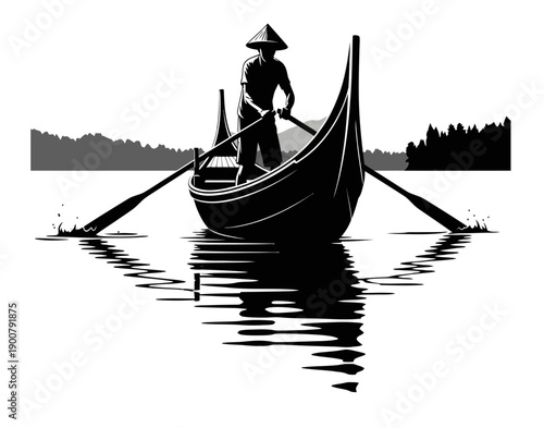 Silhouette of a gondolier navigating calm waters in a traditional boat