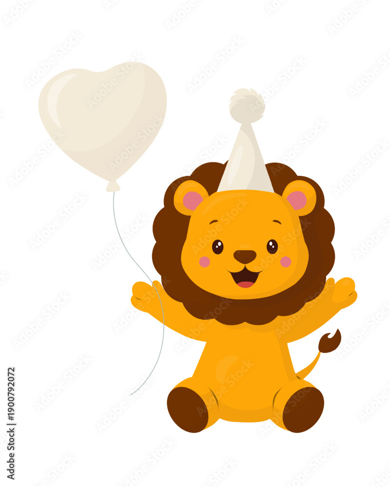 Fototapeta premium Baby lion in a party hat holding a white heart balloon. Soft pastel flat vector cartoon. Cute safari animal character for kids birthday invites, greeting cards, posters, stickers, decor web.
