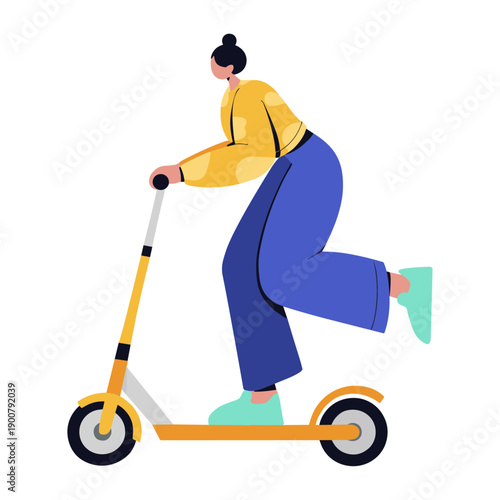 Woman riding kick scooter in urban environment