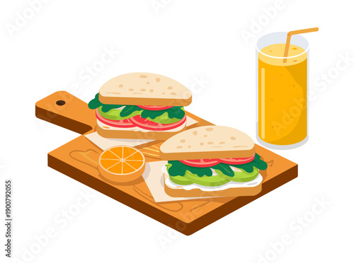Fresh vegetable sandwiches with orange slice and juice
