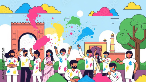 People celebrating holi festival with colorful powders and vibrant backgrounds