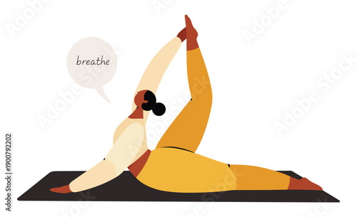 Woman practicing yoga with "breathe" reminder