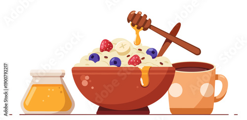 Honey-drizzled oatmeal with fresh berries and coffee