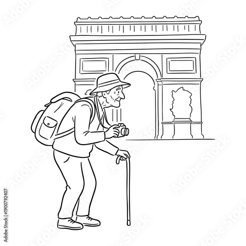 Elderly tourist photographing landmark with camera