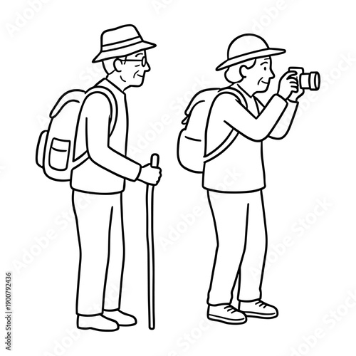 Elderly couple with camera and cane