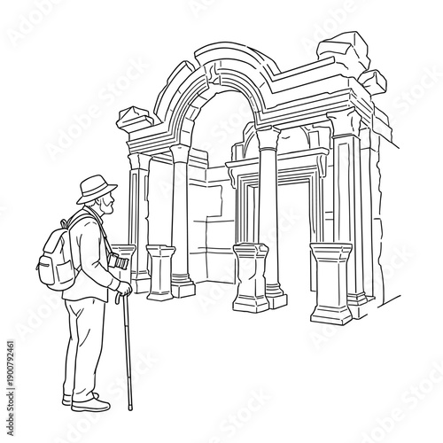 Elderly man with camera at ancient ruins
