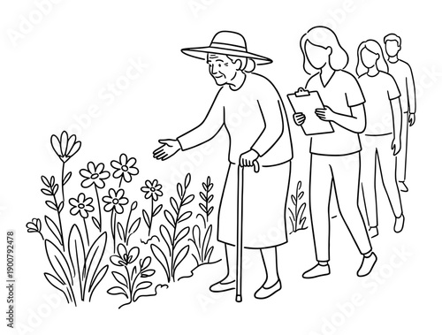 Elderly woman shows flowers with a group of people