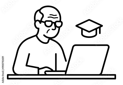 Elderly individual participating in online education with graduation cap