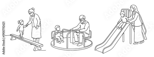 Intergenerational play at playground with seniors and children