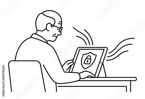 Elderly person using laptop for digital security and online safety