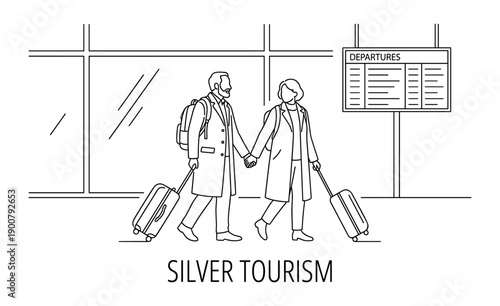 Silver tourism concept featuring elderly couple traveling at airport