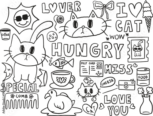 Hand drawn cute outlines of cat, sun wearing sunglasses, I heart CAT letters, ice cream cone, fish, post card, comb, coffee cup, duck, LOVE YOU letters, stamp, food can, cookie, camera, flower vase