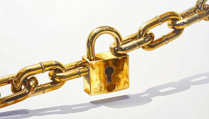 Padlock and chain vector illustration. Steel gold lock with link isolated on white background.